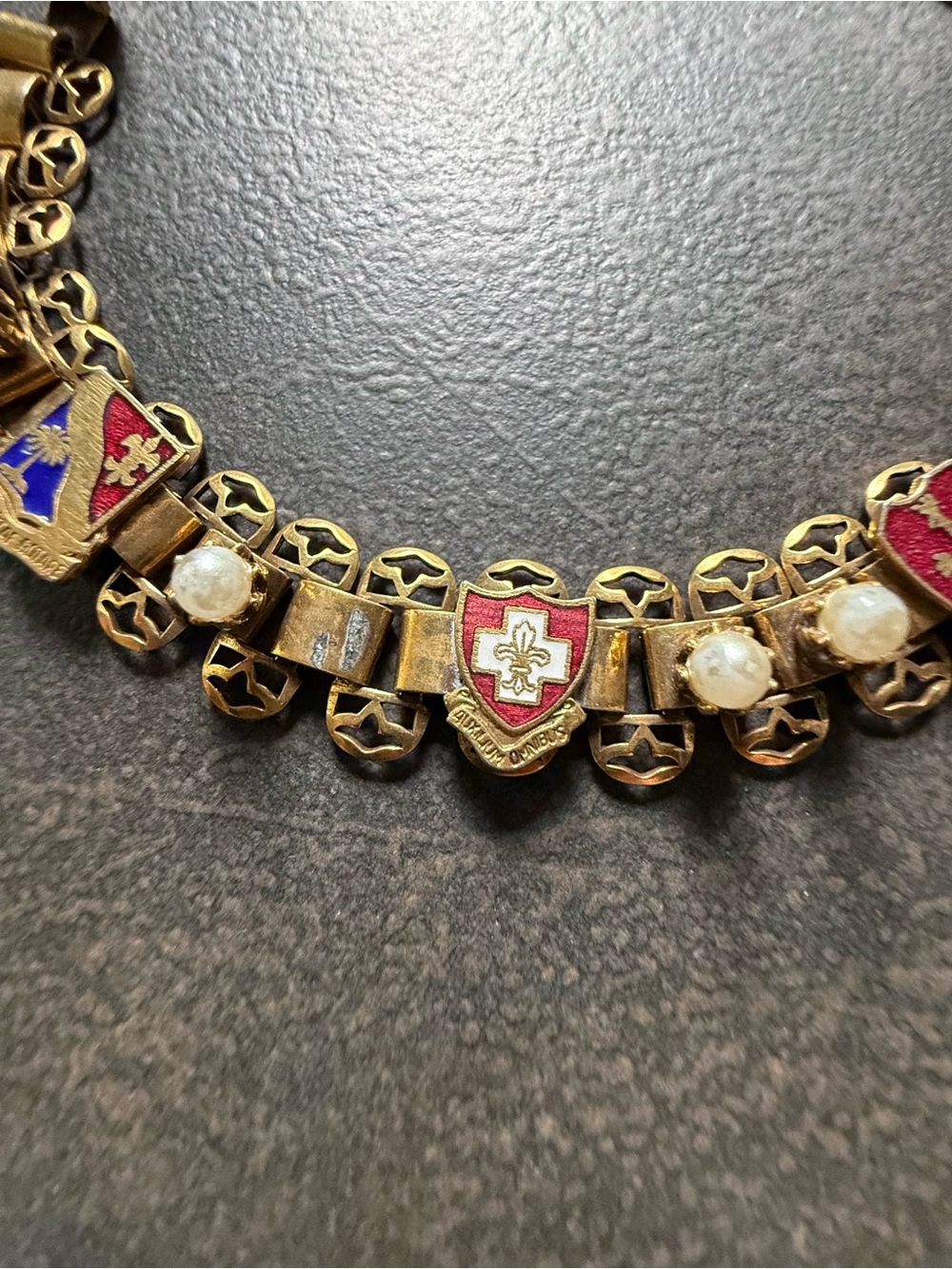Vintage Enameled Shield Pearl Link Necklace Mid Century Rennaisance Revival